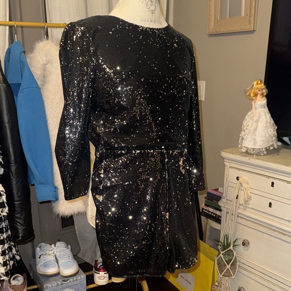 Miss Selfridge Pants - Miss Selfridge Black Sequin Long Sleeve Romper Dress Shorts Dressy Cocktail 6